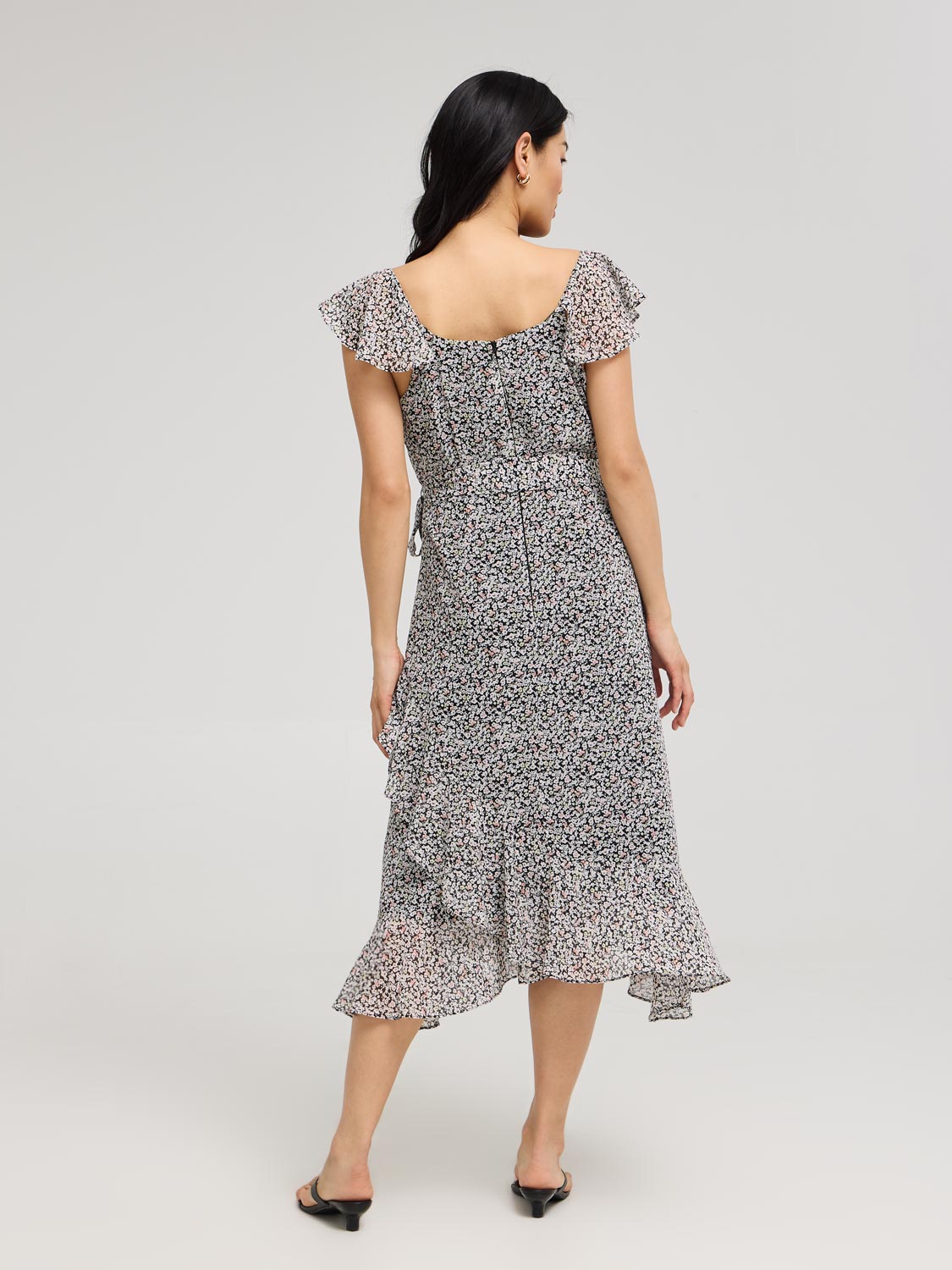 Ditsy Floral Ruffle Wrap Front Chiffon Dress