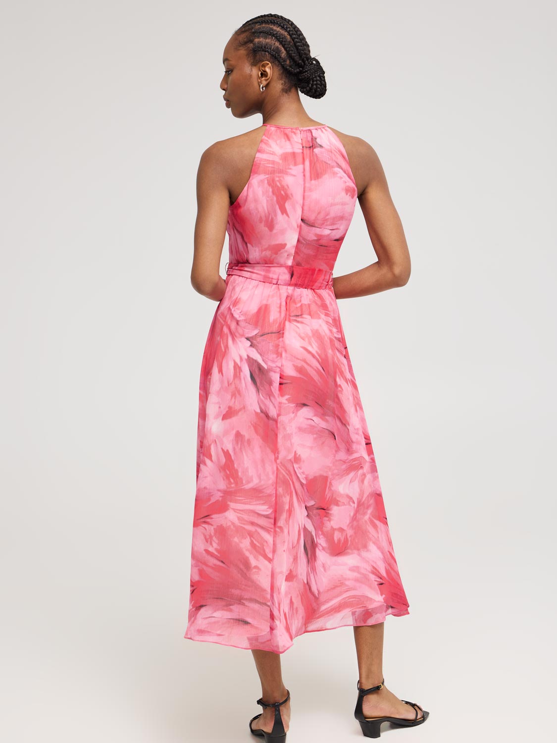 Feather Print Halter Chiffon Dress
