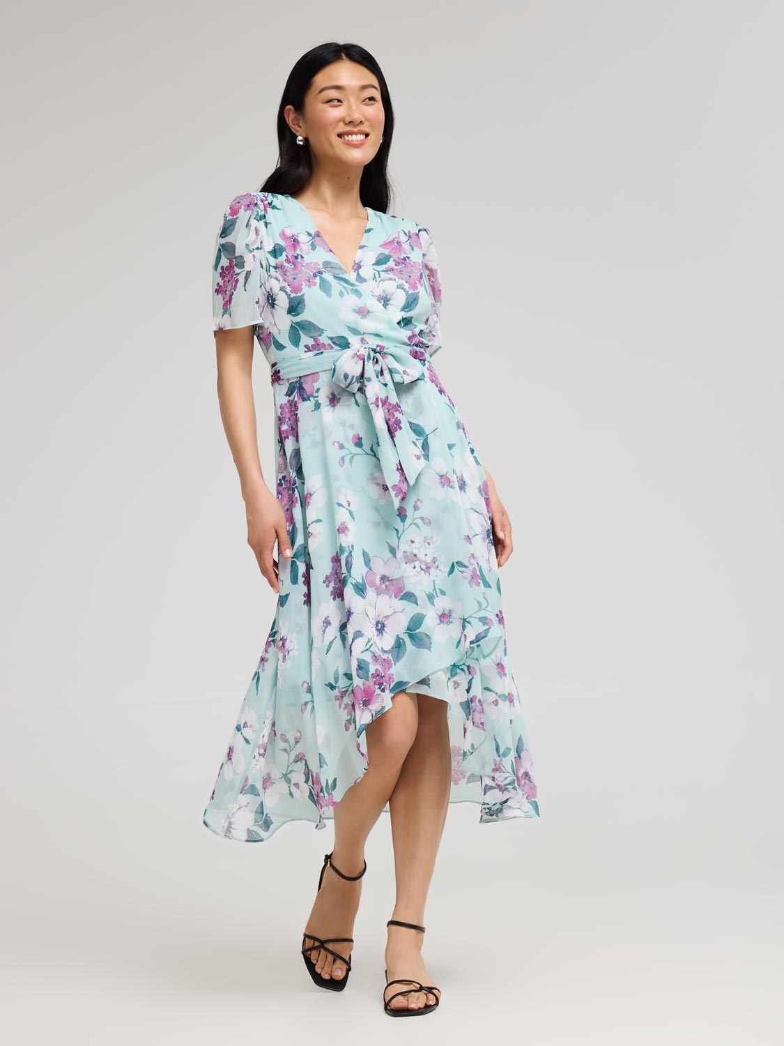 Floral Print Cross-Front High-Low Midi Dress