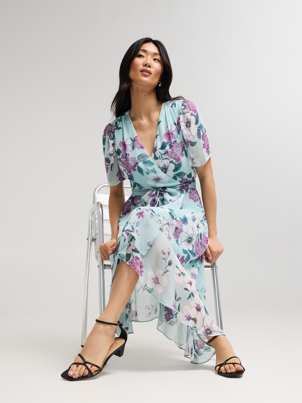 Floral Print Cross-Front High-Low Midi Dress