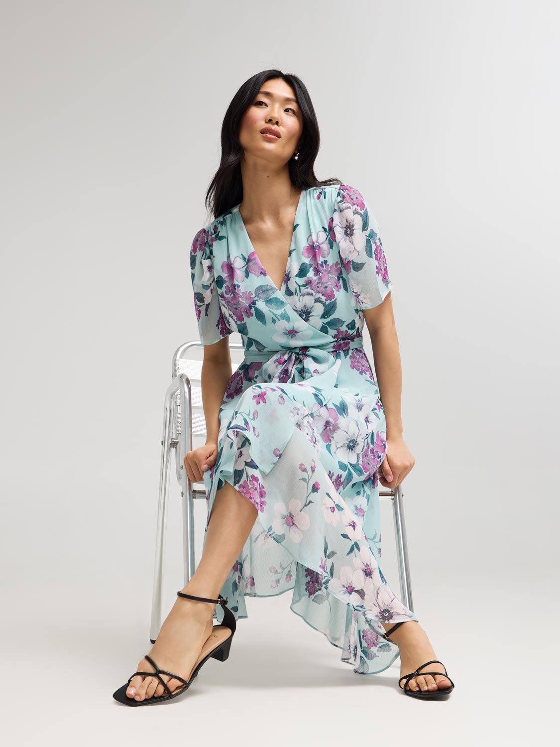 Floral Print Cross-Front High-Low Midi Dress