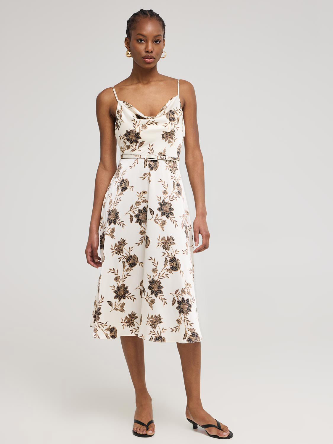 Floral Satin Cowl Neck Midi Dress