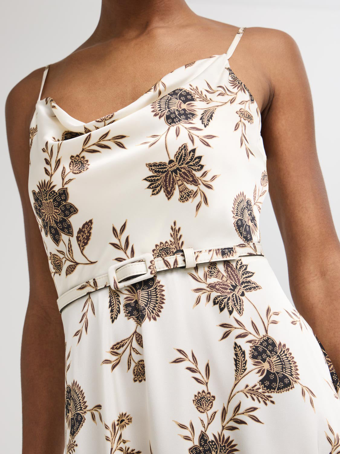 Floral Satin Cowl Neck Midi Dress