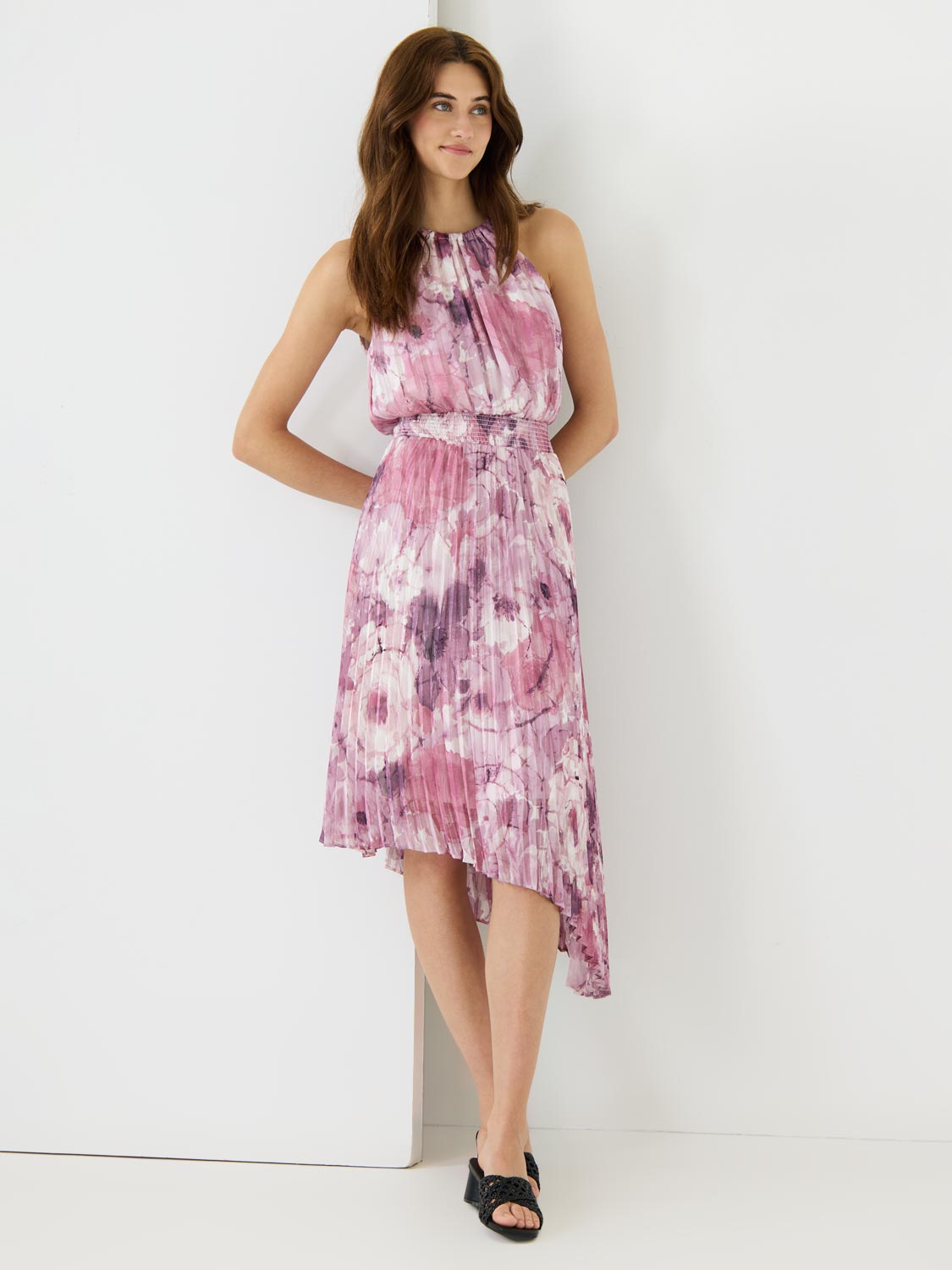 Halter Pleated Asymmetrical Floral Dress