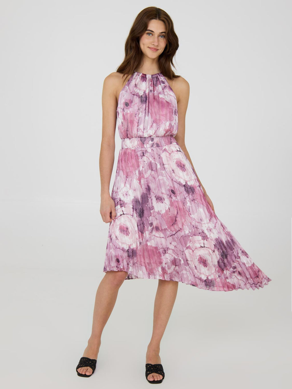 Halter Pleated Asymmetrical Floral Dress