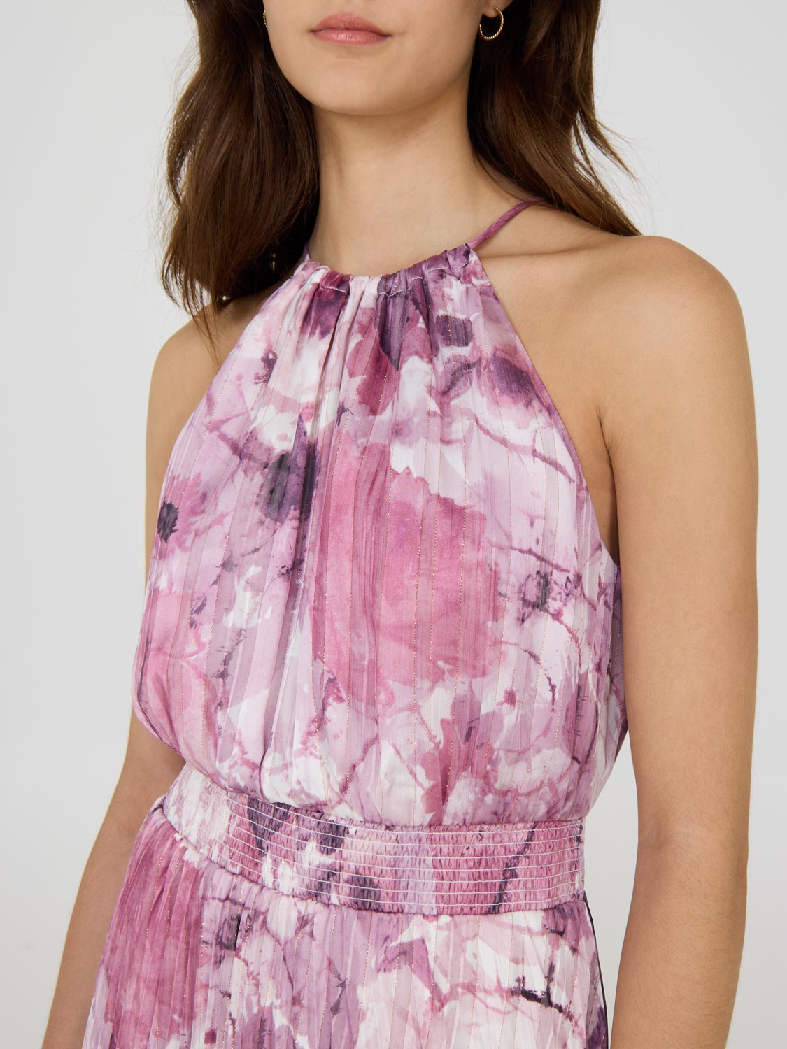 Halter Pleated Asymmetrical Floral Dress