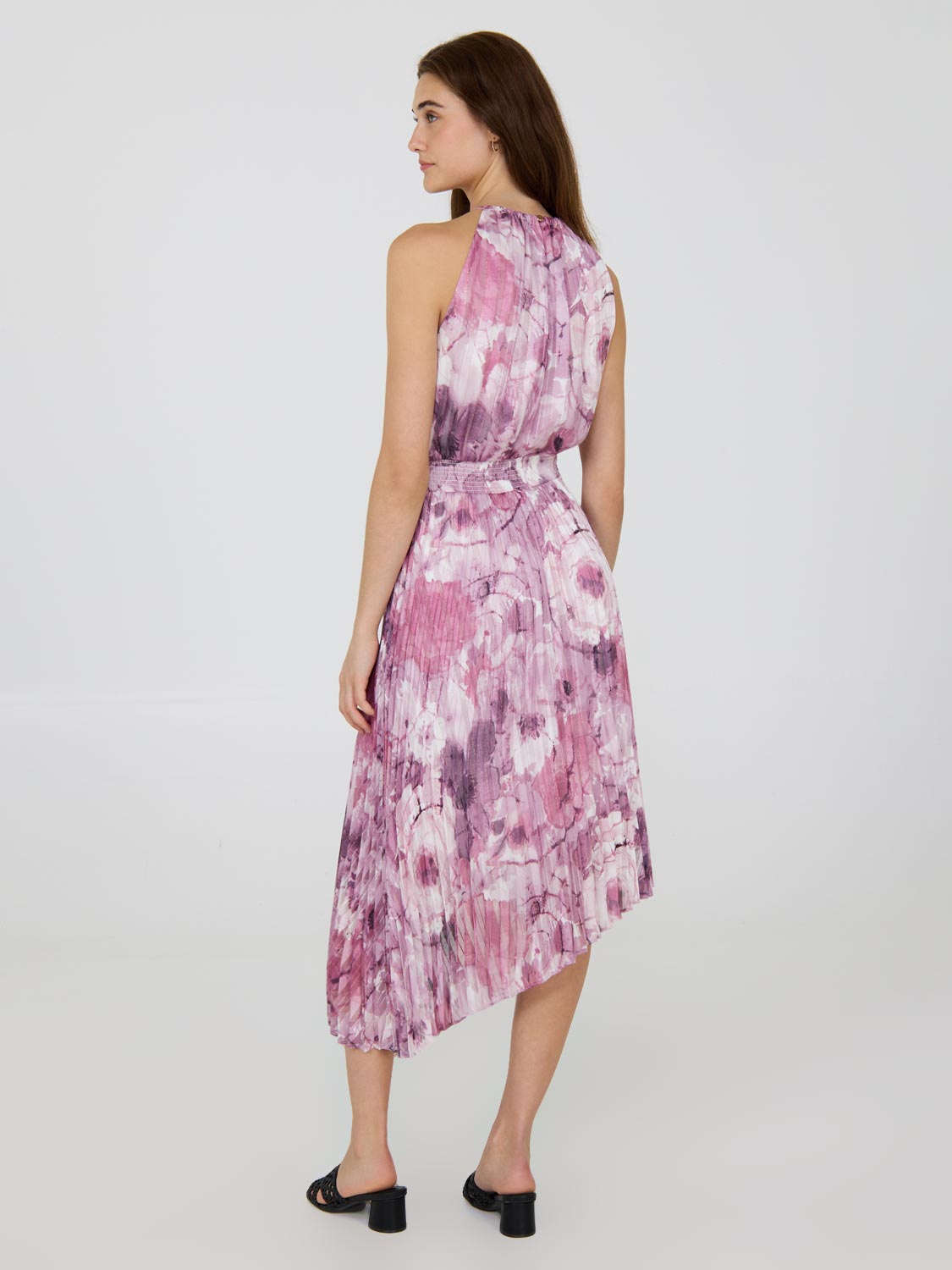 Halter Pleated Asymmetrical Floral Dress