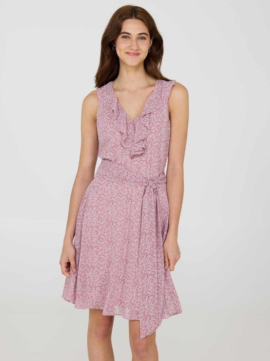Ditsy Floral Ruffle V-Neck Chiffon Mini Dress