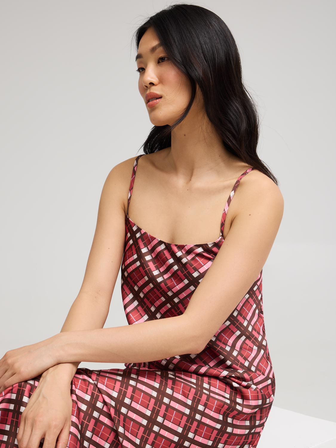 Plaid Midi Satin Slip Dress