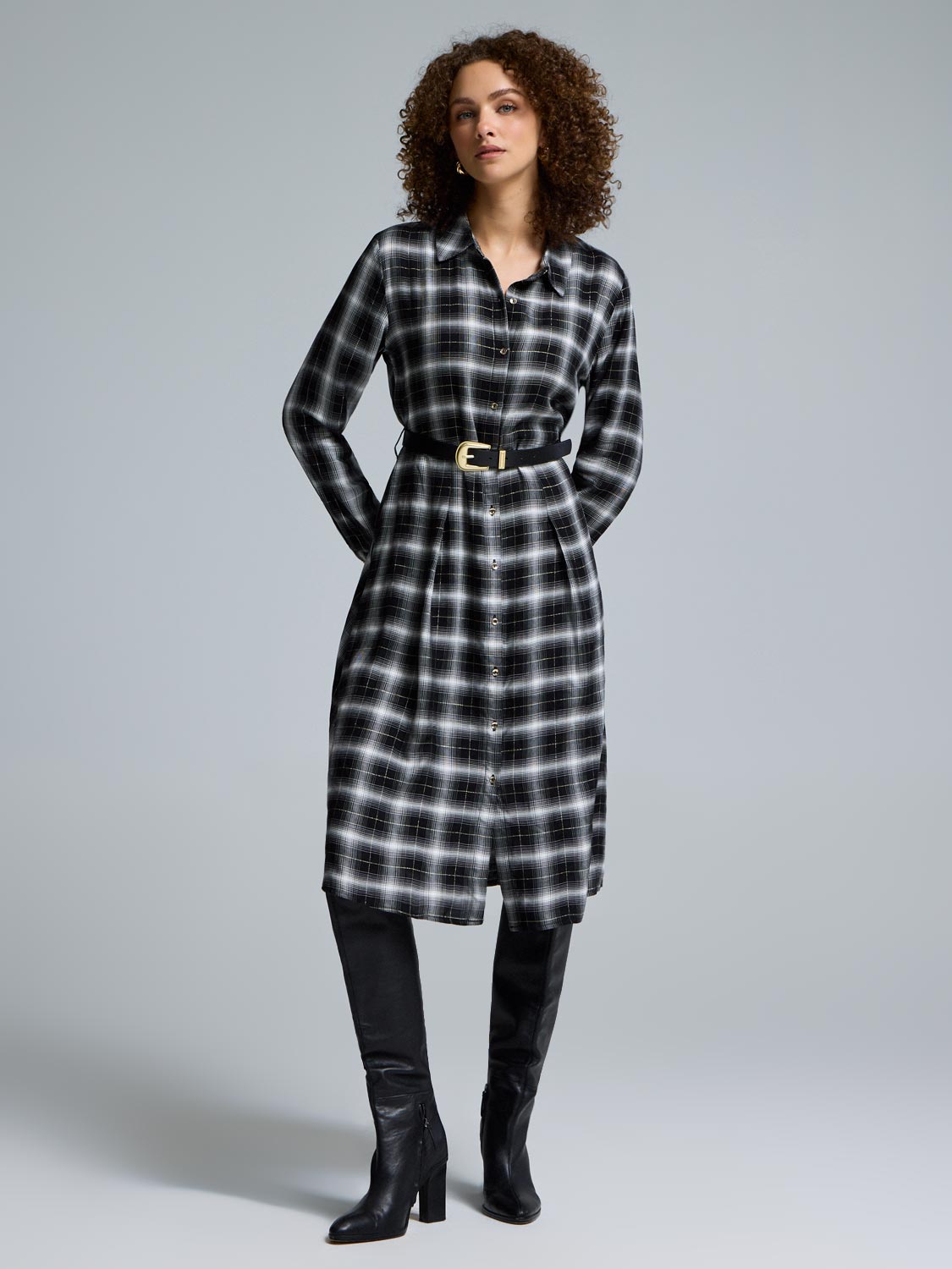 Belted Plaid Shirt Dress