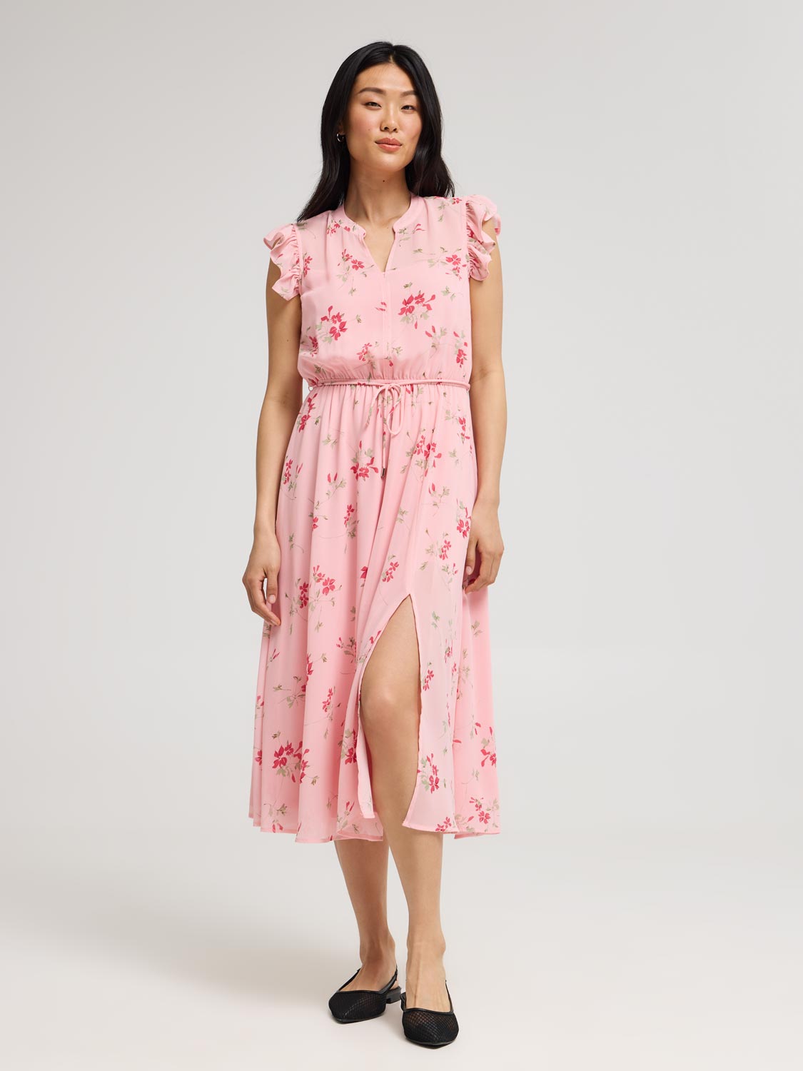 Sleeveless Floral Print Chiffon Midi Dress