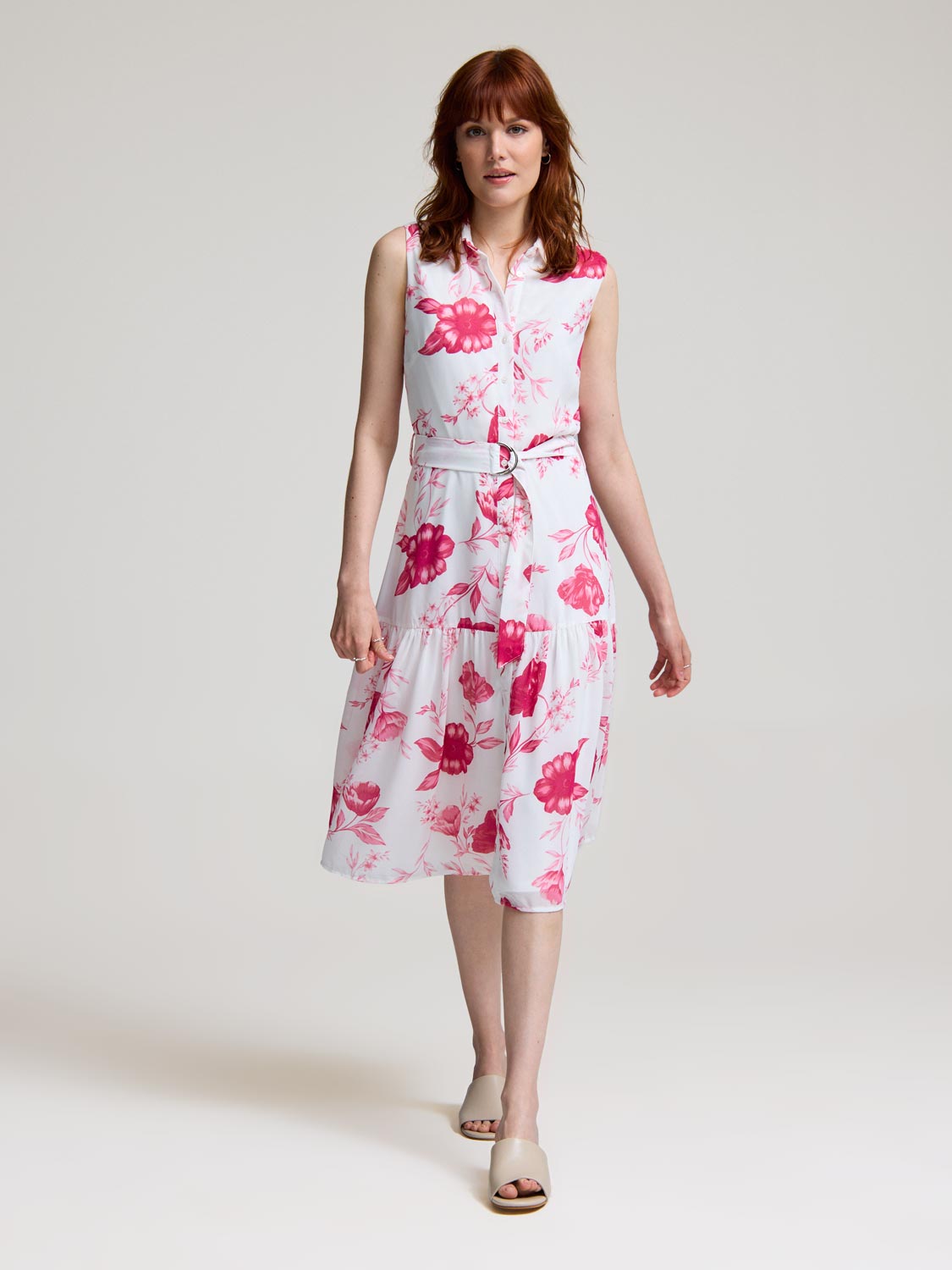 Sleeveless Floral Button-Front Chiffon Dress
