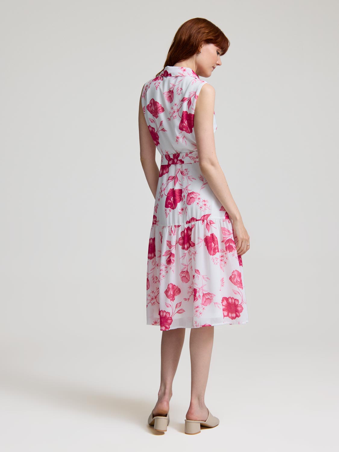 Sleeveless Floral Button-Front Chiffon Dress