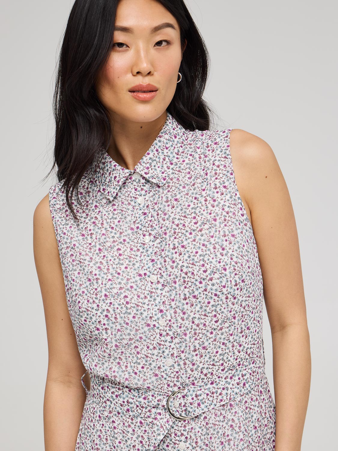 Sleeveless Ditsy Floral Button-Front Chiffon Dress