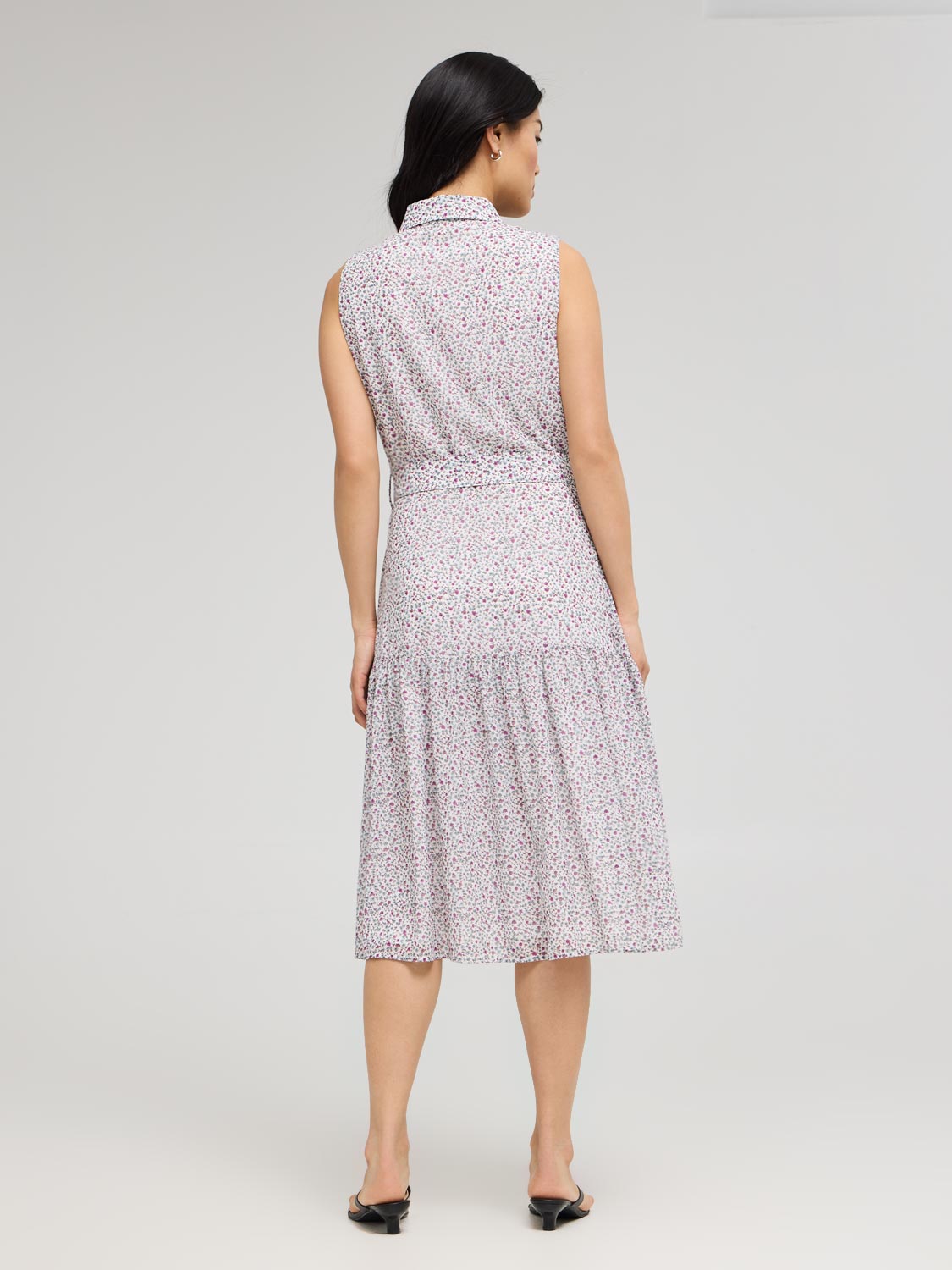 Sleeveless Ditsy Floral Button-Front Chiffon Dress
