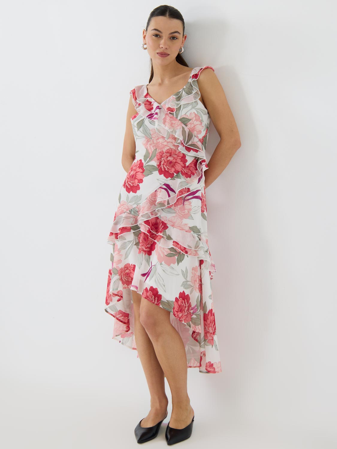 Floral High-Low Ruffle Chiffon Dress