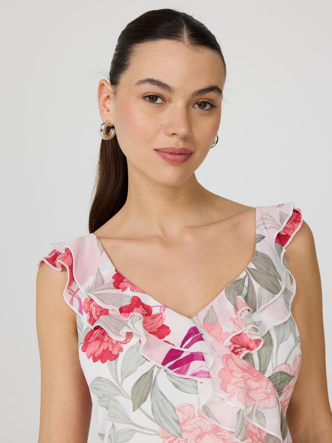Floral High-Low Ruffle Chiffon Dress