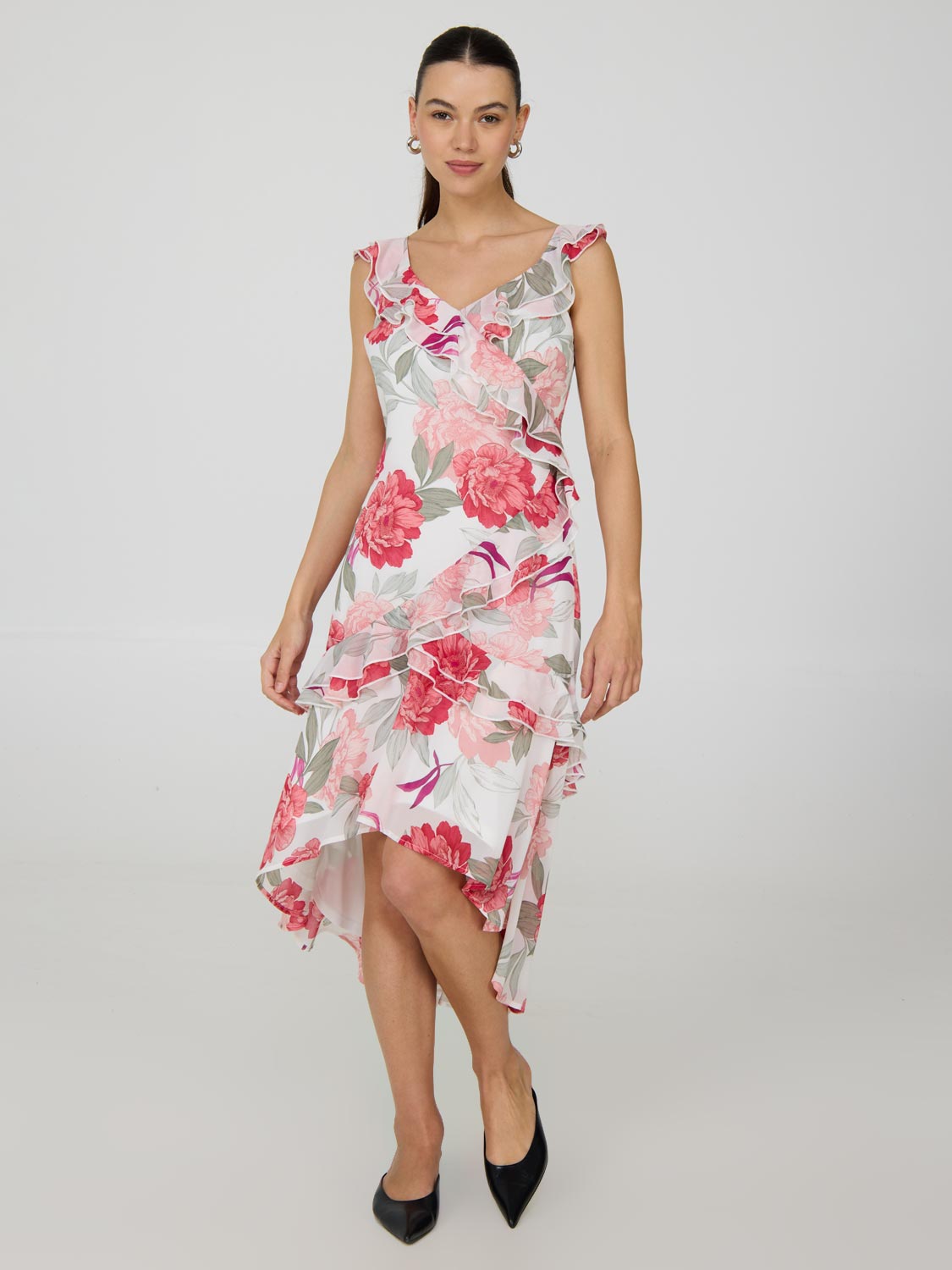Floral High-Low Ruffle Chiffon Dress