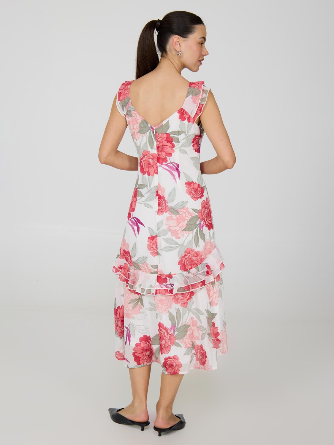Floral High-Low Ruffle Chiffon Dress