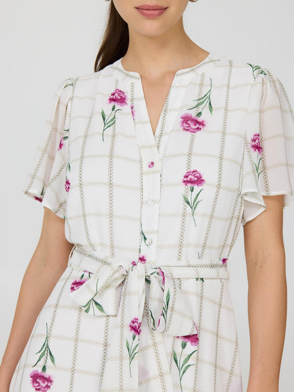 Floral Split Neck Chiffon Midi Dress