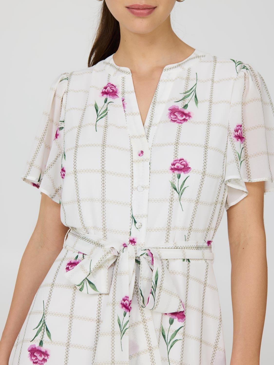 Floral Split Neck Chiffon Midi Dress