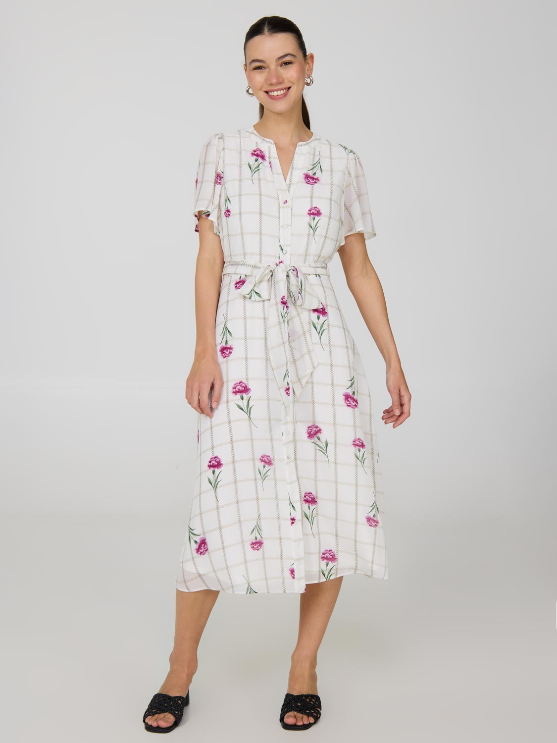 Floral Split Neck Chiffon Midi Dress