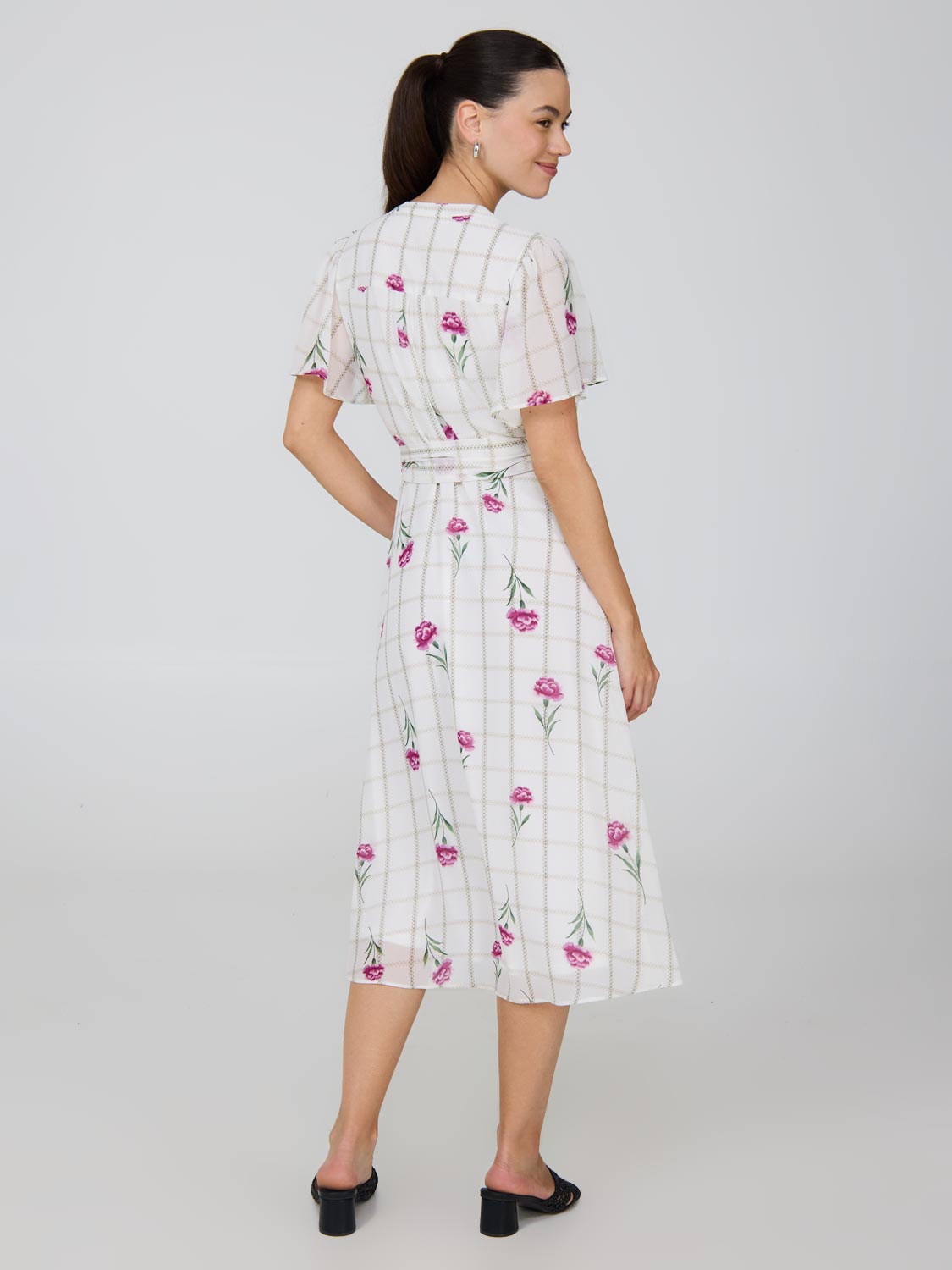 Floral Split Neck Chiffon Midi Dress