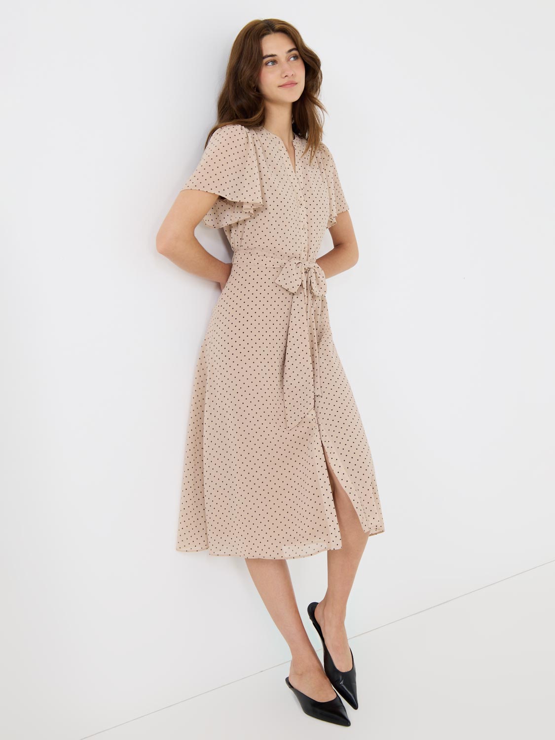 Polka Dot Split Neck Chiffon Midi Dress
