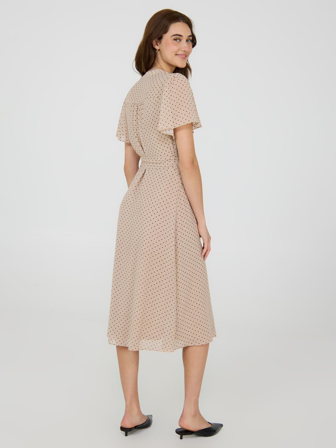 Polka Dot Split Neck Chiffon Midi Dress