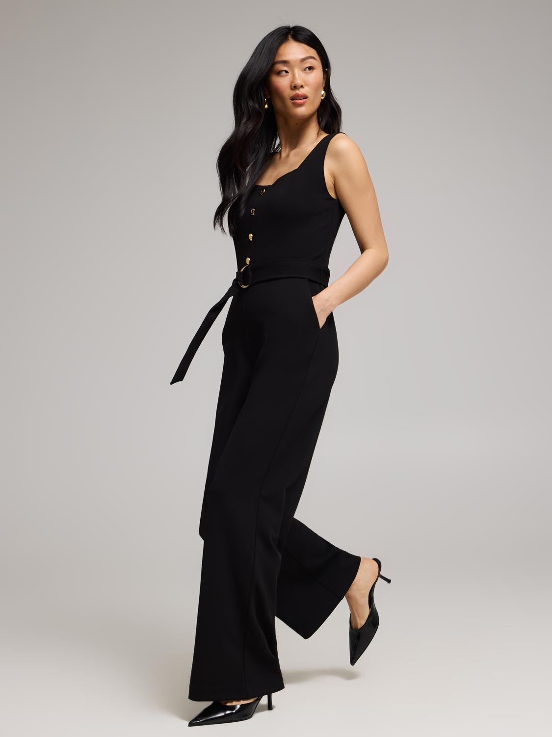 Button-Front Straight-Leg Jumpsuit