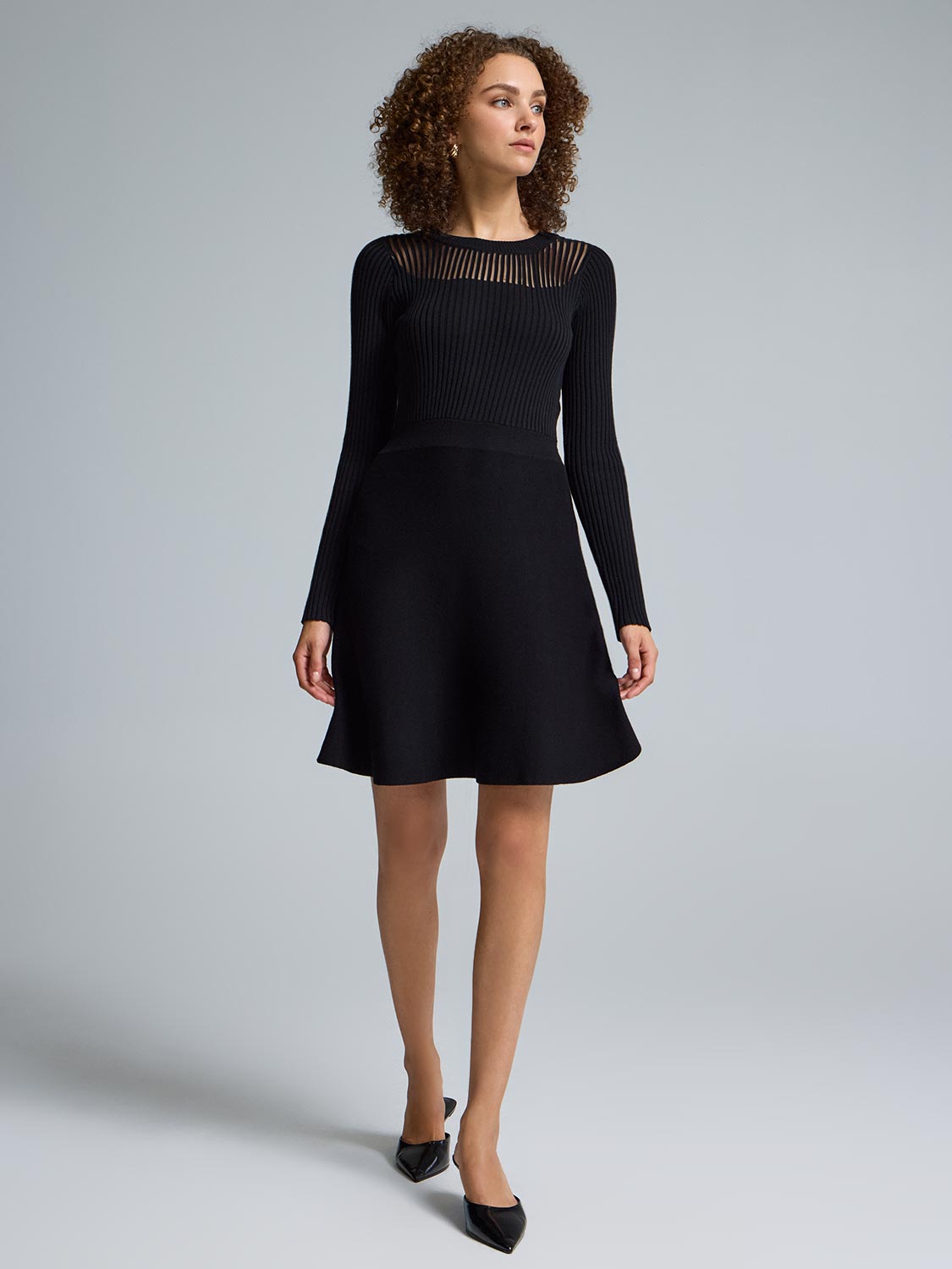 Sheer Yoke Flared Mini Dress