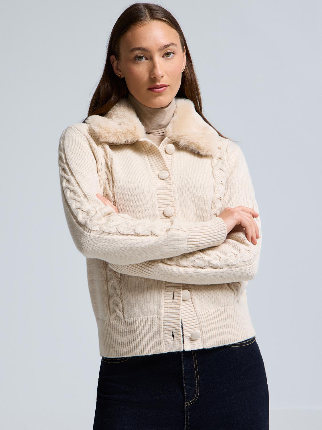 Detachable Faux Fur Collar Cardigan