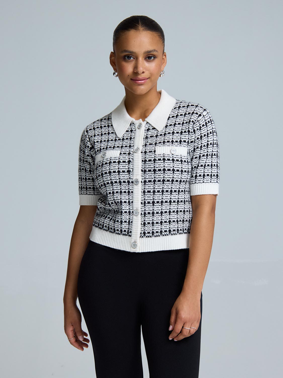 Short Sleeve Button-Up Boucl? Sweater