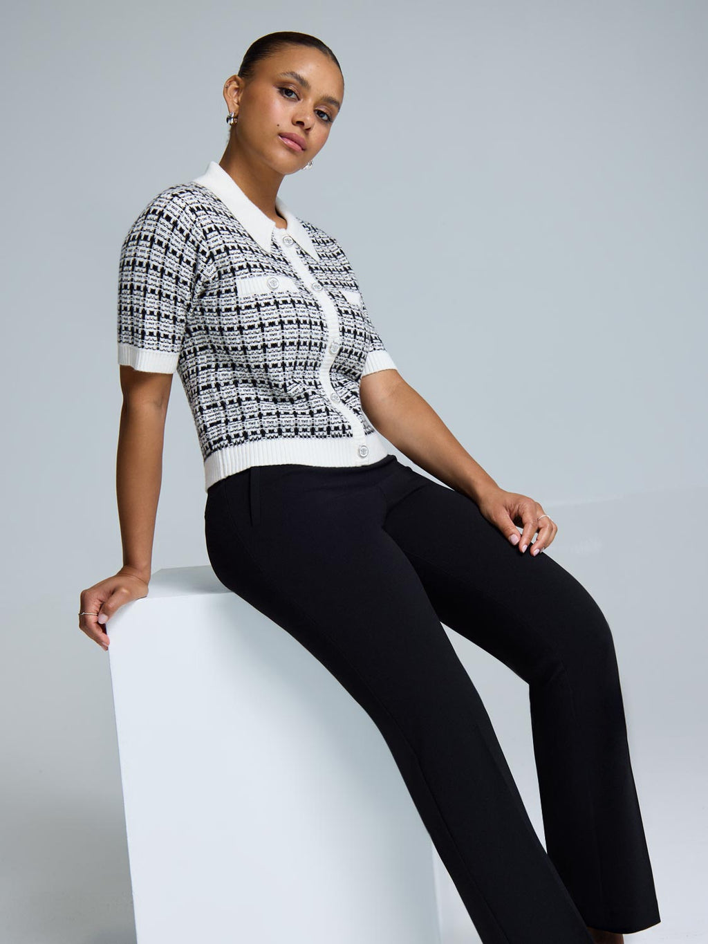 Short Sleeve Button-Up Boucl? Sweater