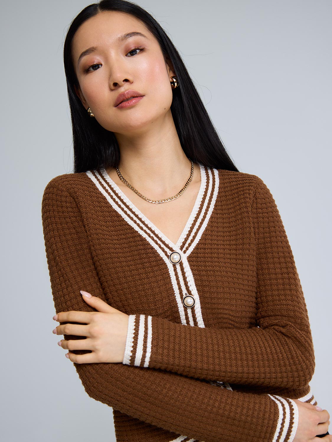 Contrast Trim V-Neck Ribbed Cardigan