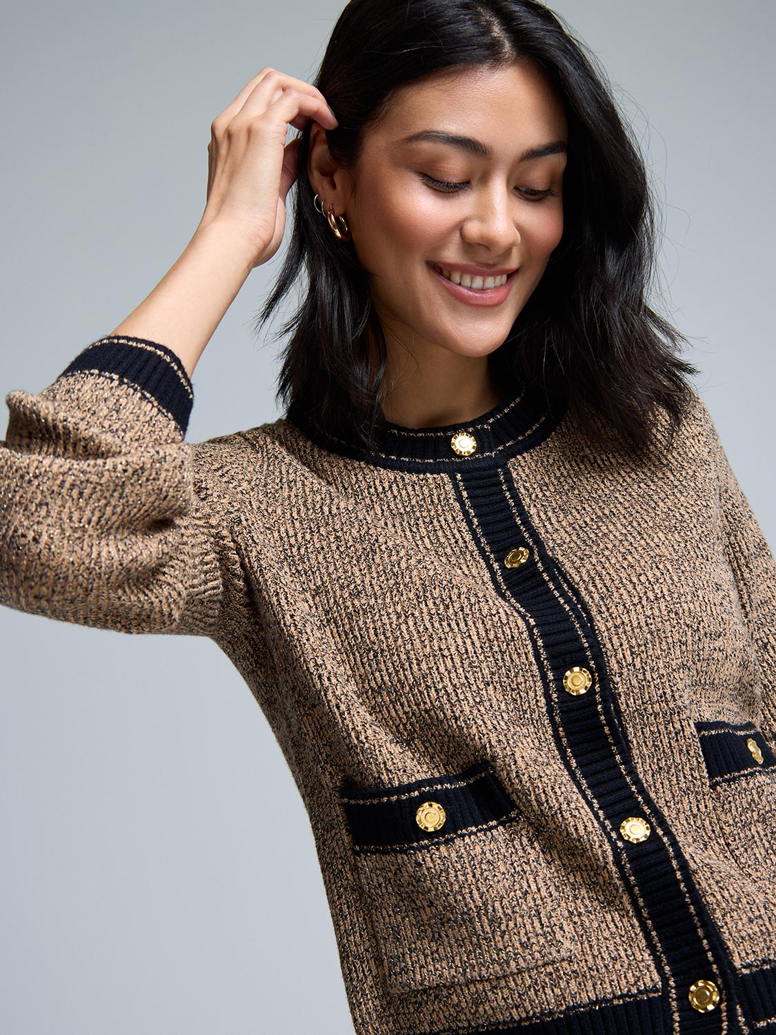 Metallic Button-Front Cardigan