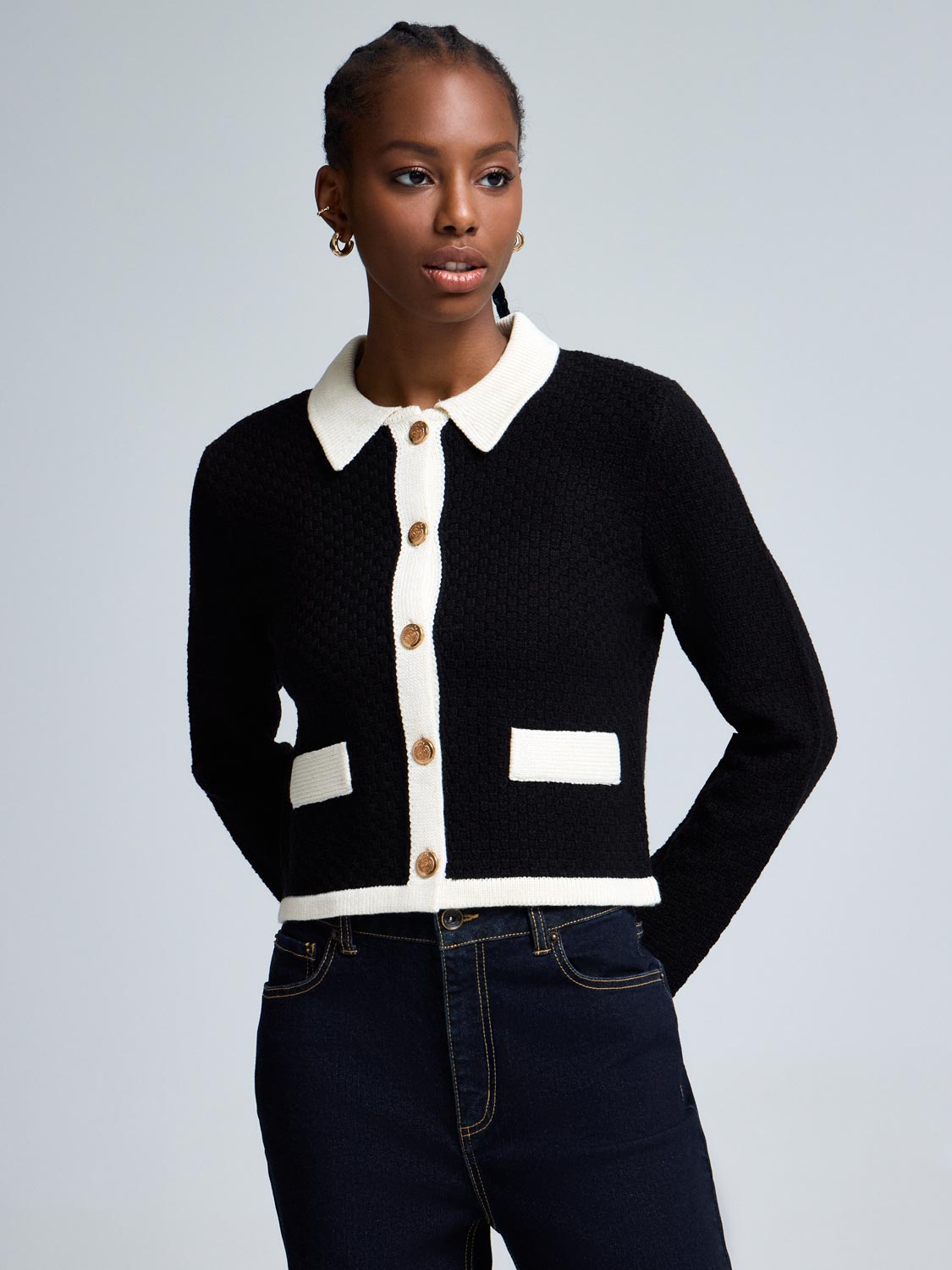 Contrast Collared Basketweave Cardigan