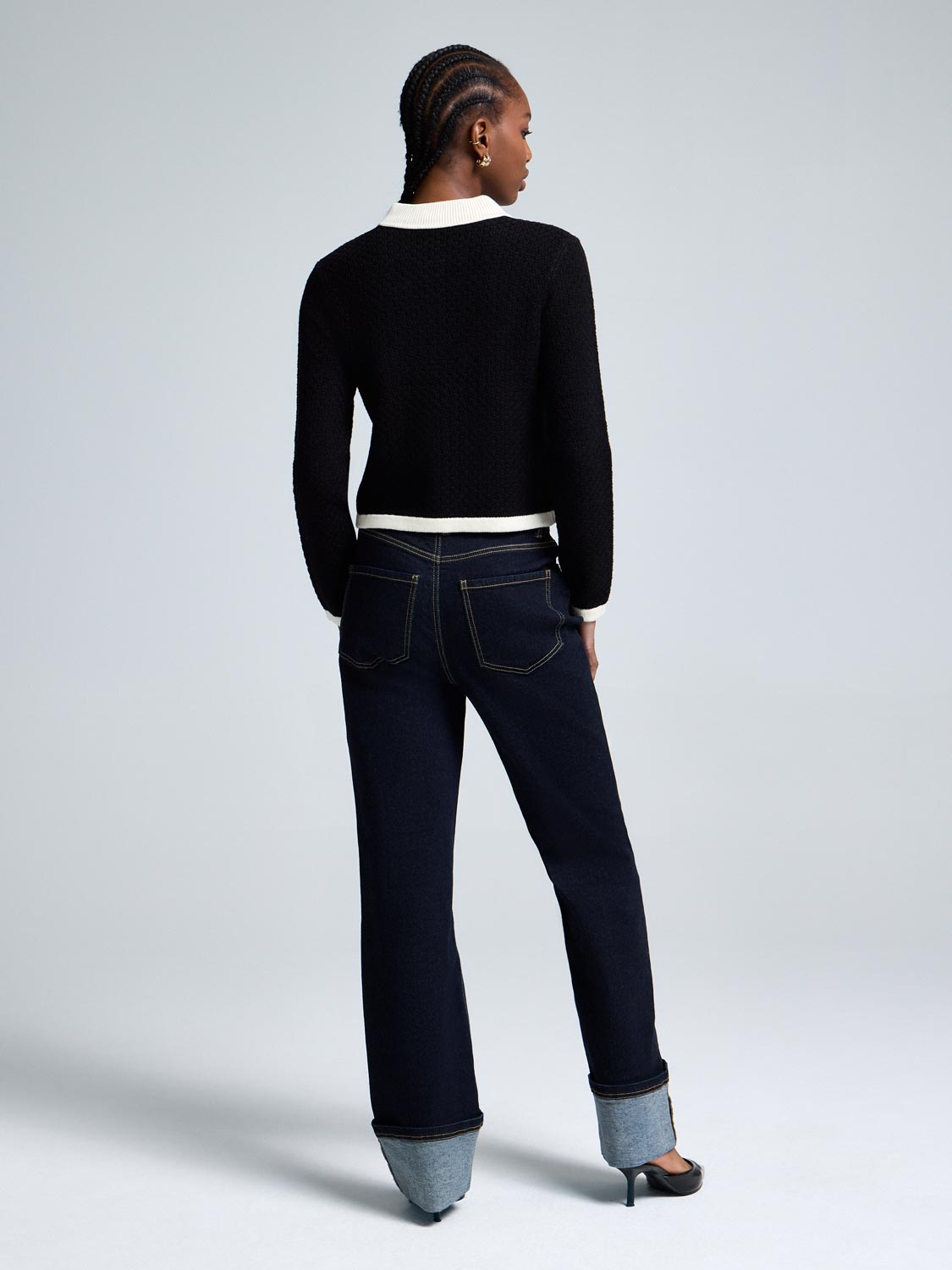 Contrast Collared Basketweave Cardigan