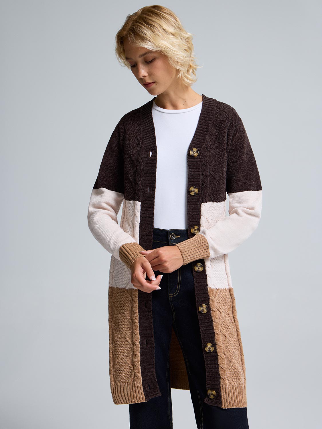 Chenille Colour Block Long Cardigan