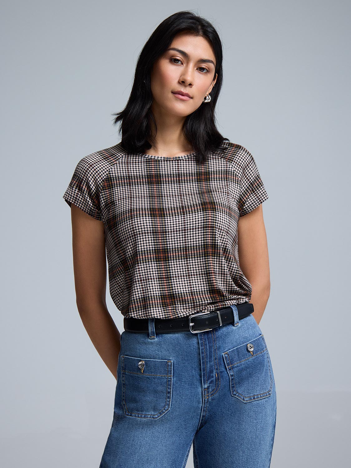 Short Raglan Sleeve Plaid T-Shirt