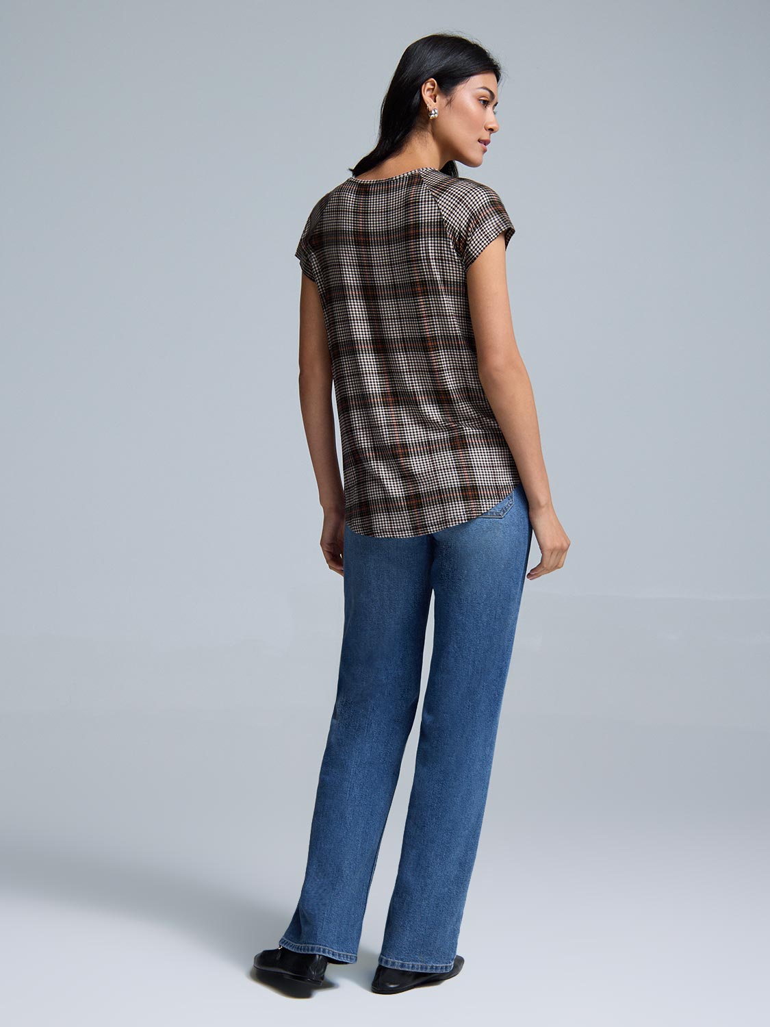 Short Raglan Sleeve Plaid T-Shirt