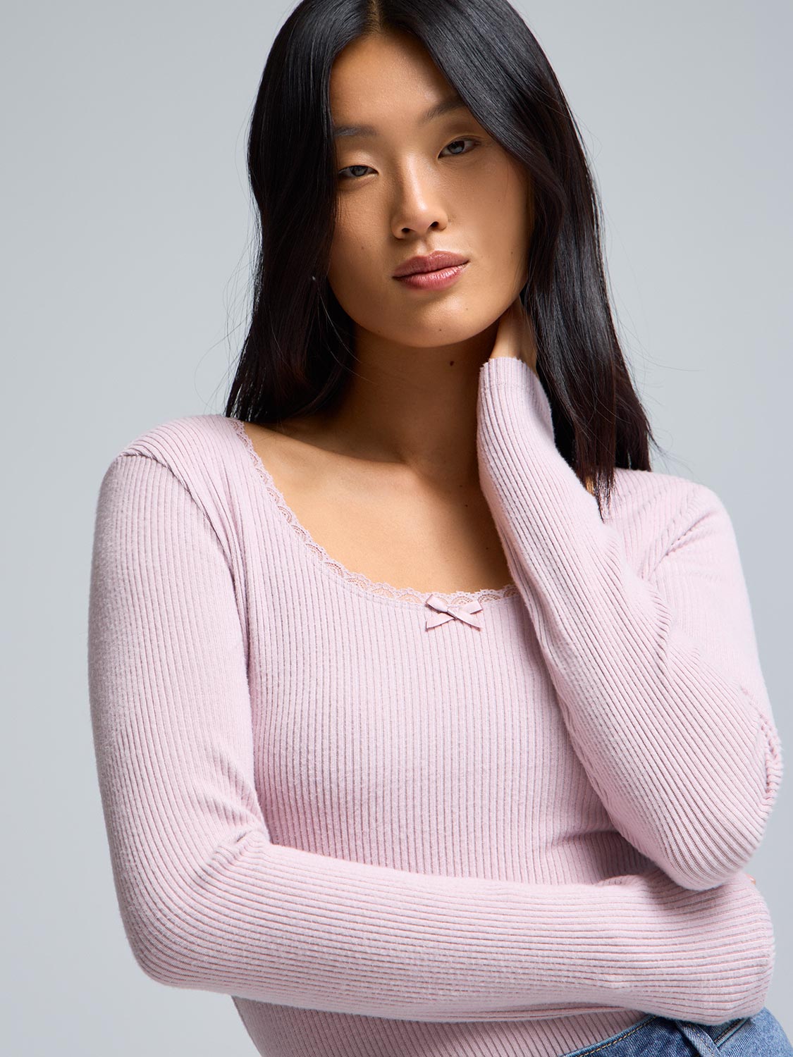 Mini Rib Lace Trim Pajama Top