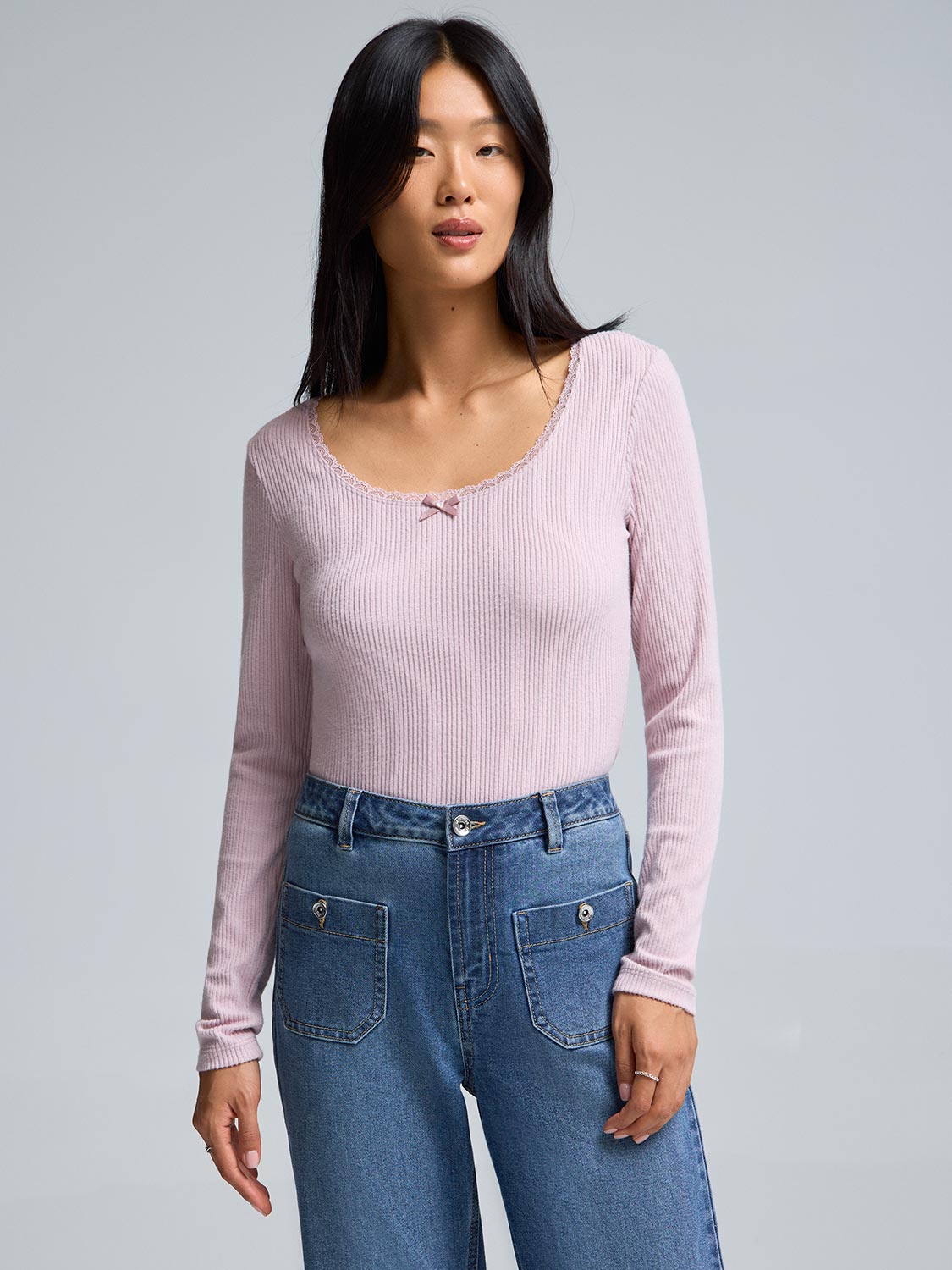 Mini Rib Lace Trim Pajama Top