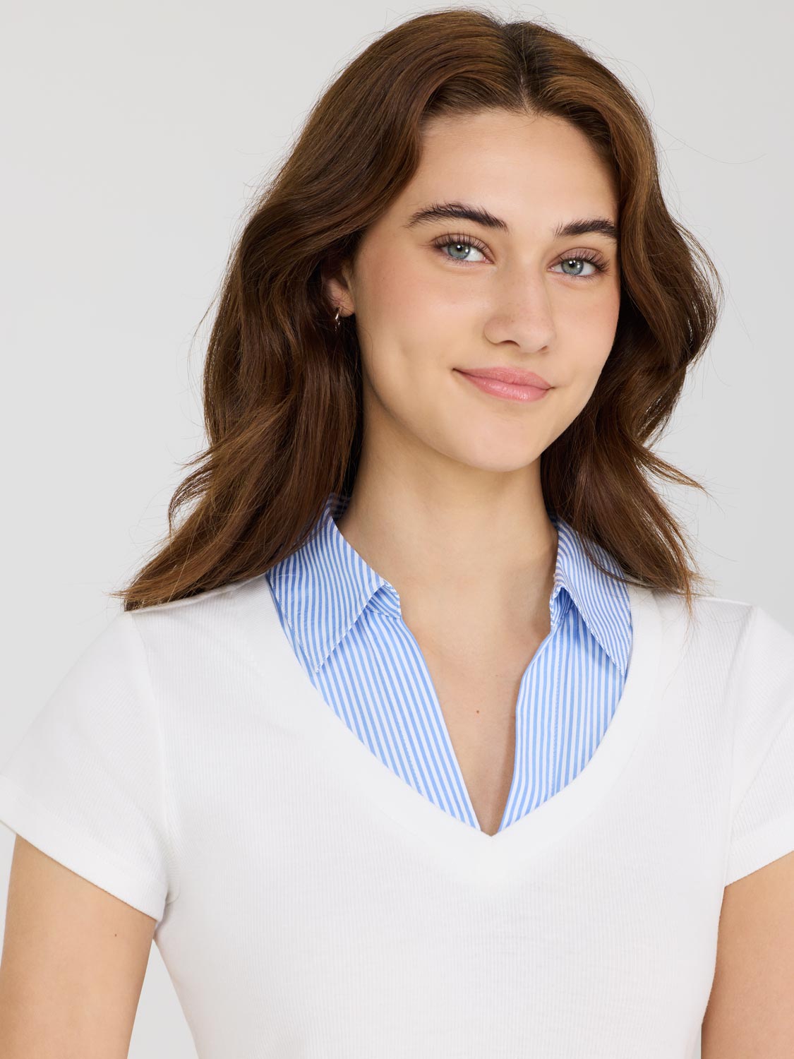 Poplin Collar Ribbed V-Neck Top