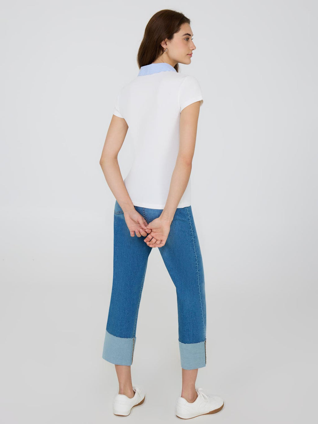 Poplin Collar Ribbed V-Neck Top