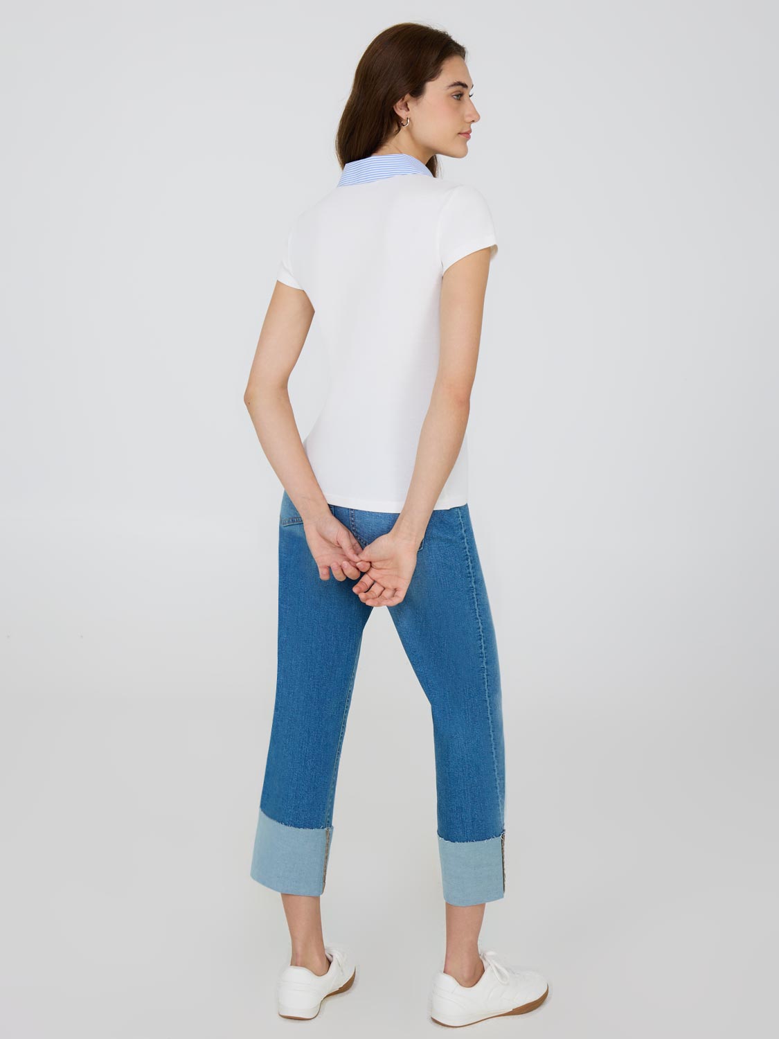 Poplin Collar Ribbed V-Neck Top