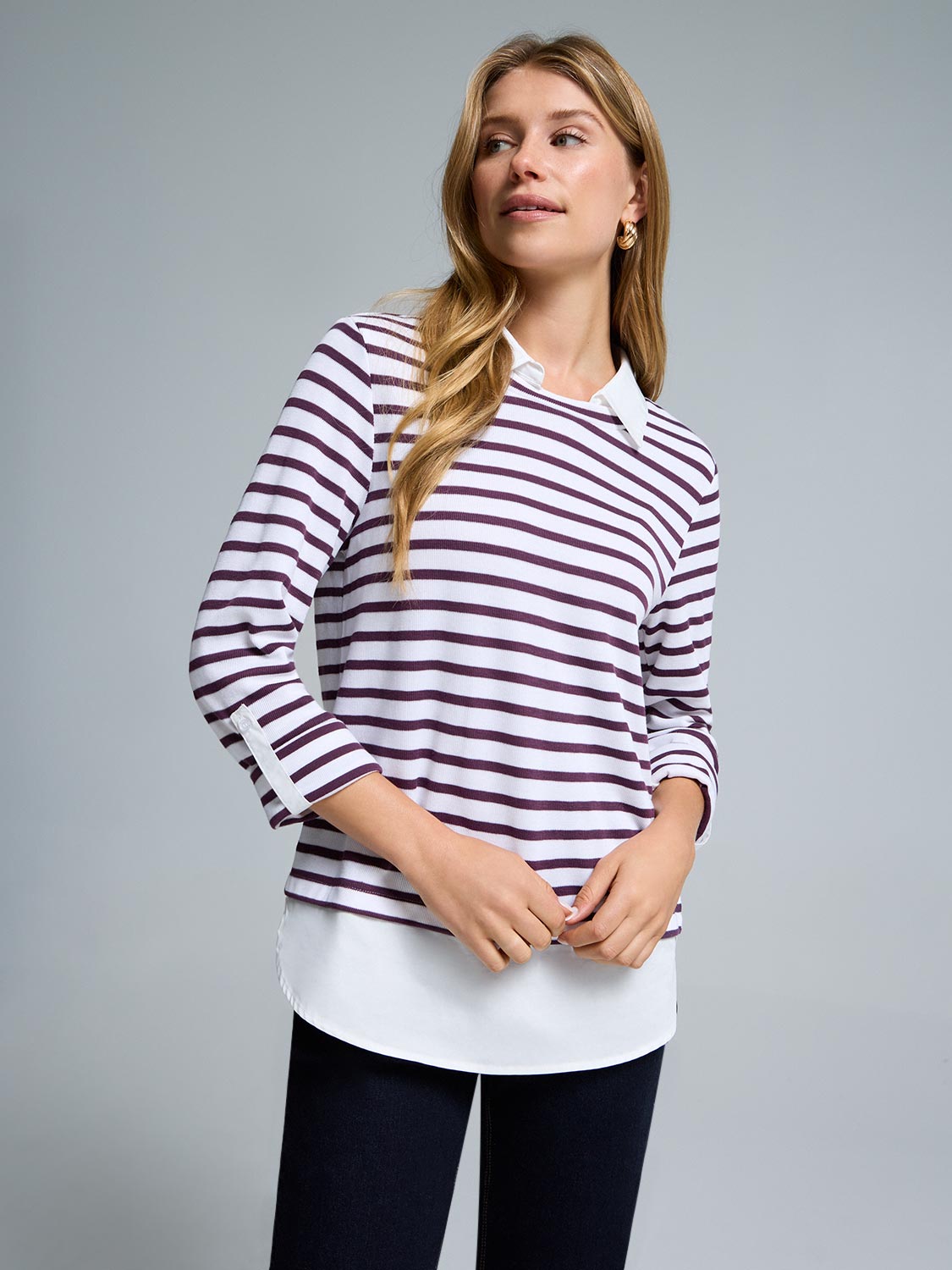 2-Fer Striped Sweater With Cotton Blouse