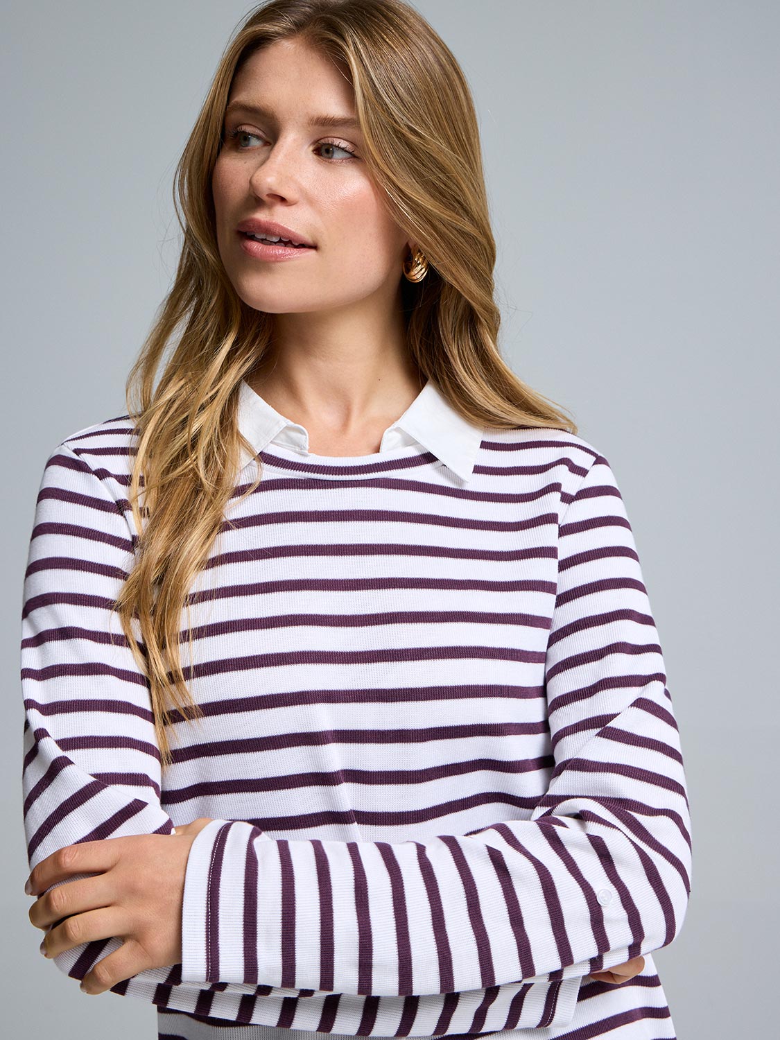 2-Fer Striped Sweater With Cotton Blouse