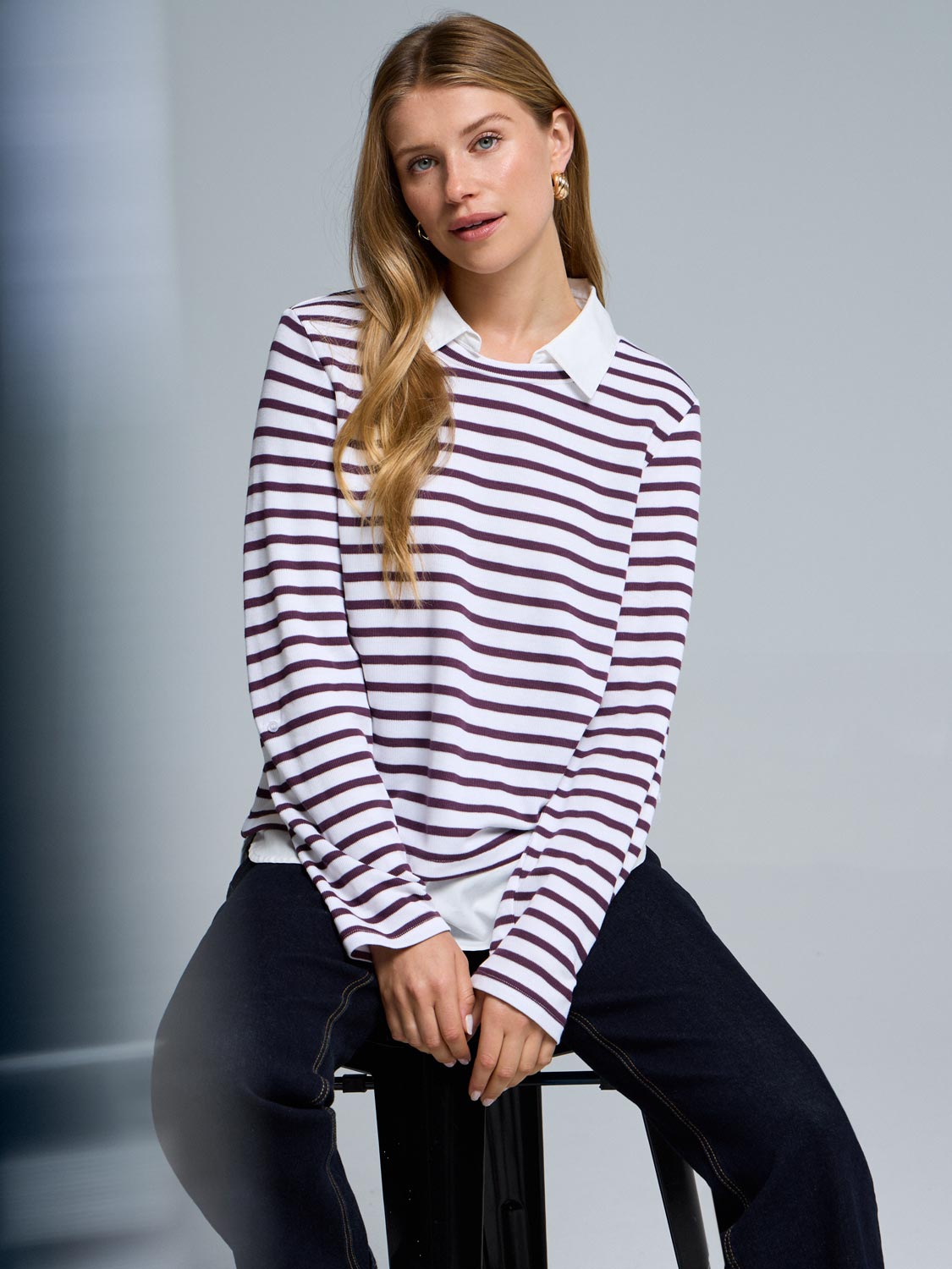 2-Fer Striped Sweater With Cotton Blouse