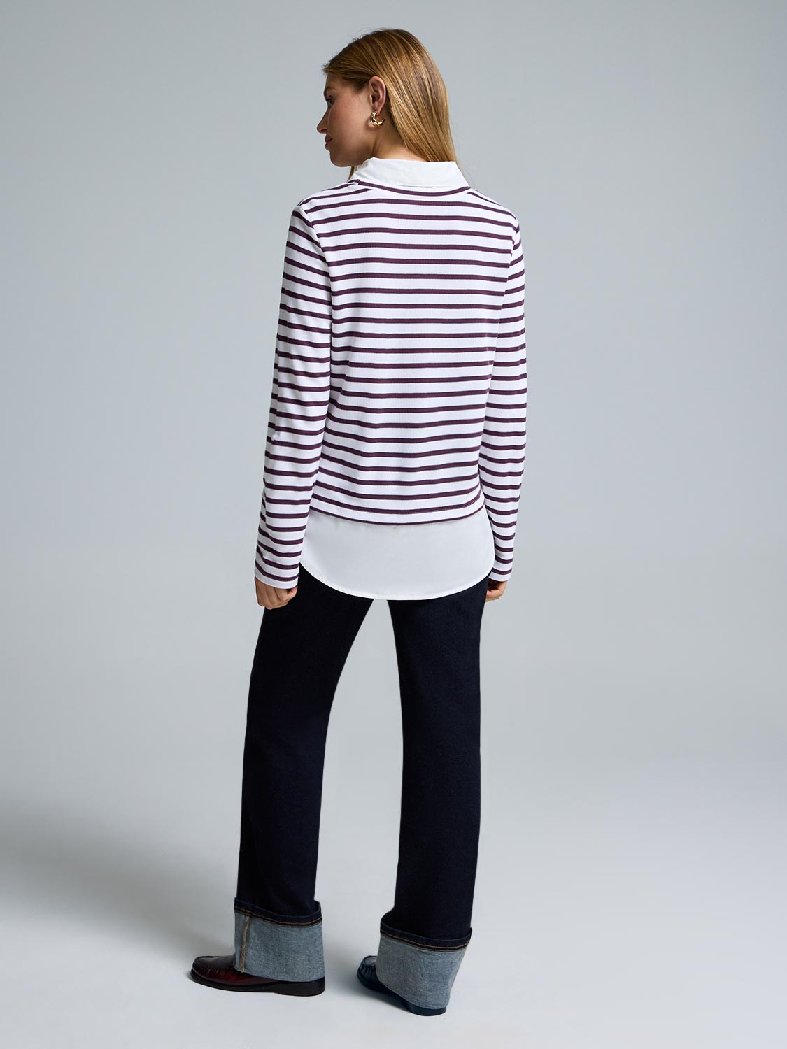 2-Fer Striped Sweater With Cotton Blouse